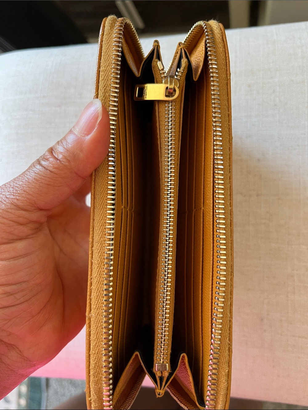 Saint Laurent Quilted Zip Wallet in Mustard Yellow with Gold YSL Logo - Picture 6 of 10